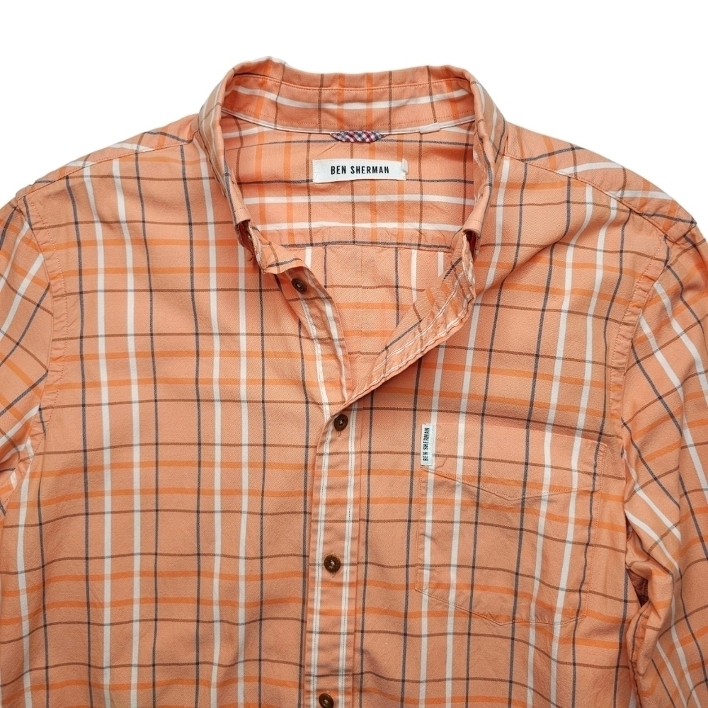Ben Sherman Cotton Long Sleeve Button-down Peach Plaid Men's Medium